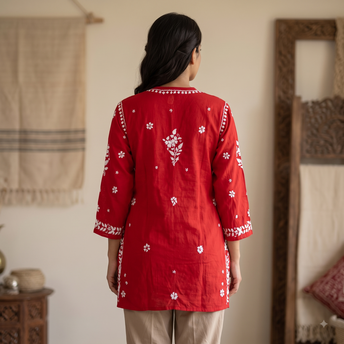 Hand Embroidered Chikankari Short Kurti – 3/4 Sleeve | Modal Fabric - Red