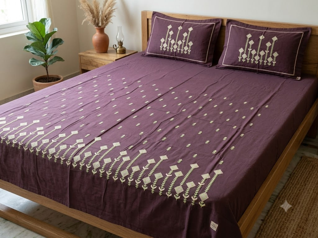 Premium Designer Embroidered Satin Cotton Bedsheet Set