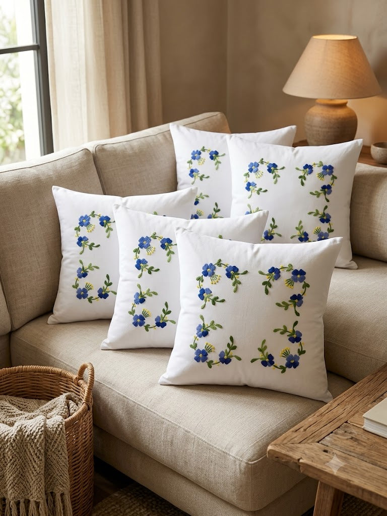 Hand Embroidered Cotton Cushion Covers (Set of 5)