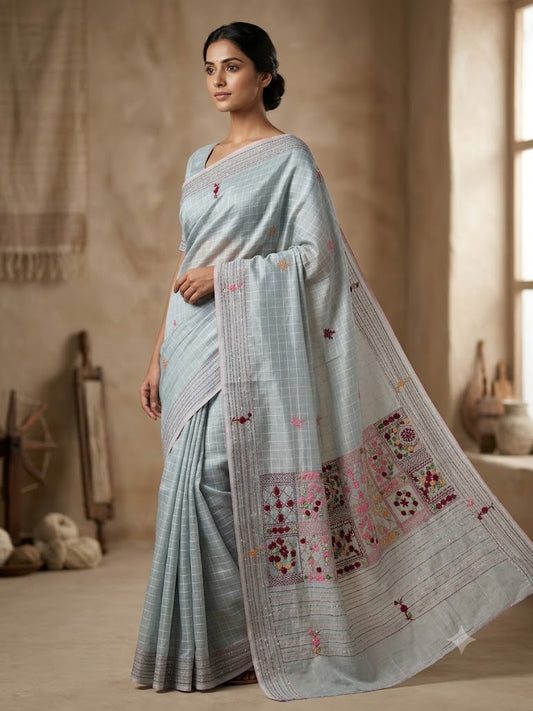 Premium Handcrafted Bullion Stitch Work Chanderi Saree with Blouse Piece