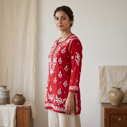 Hand Embroidered Chikankari Short Kurti – 3/4 Sleeve | Modal Fabric - Red