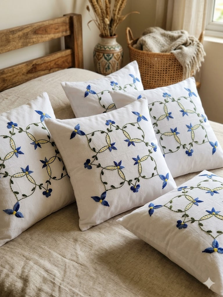 Hand Embroidered Cotton Cushion Covers (Set of 5)