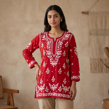 Hand Embroidered Chikankari Short Kurti – 3/4 Sleeve | Modal Fabric - Red