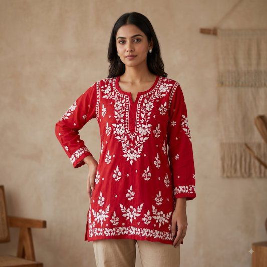 Hand Embroidered Chikankari Short Kurti – 3/4 Sleeve | Modal Fabric - Red