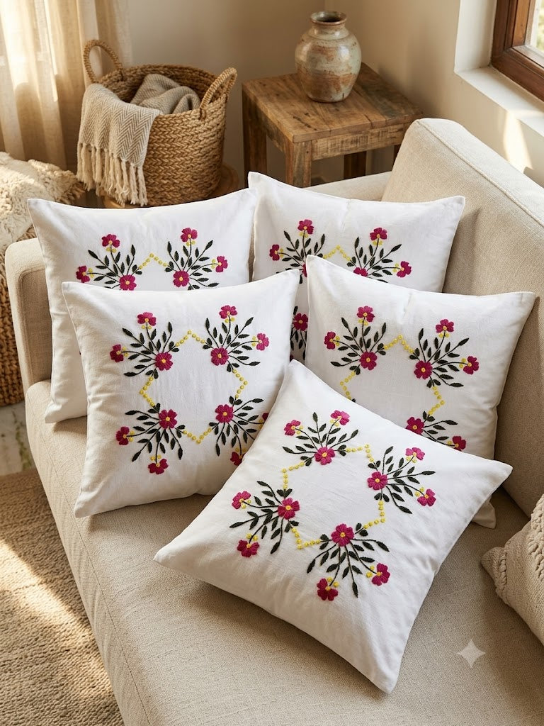 Hand Embroidered Cotton Cushion Covers (Set of 5)