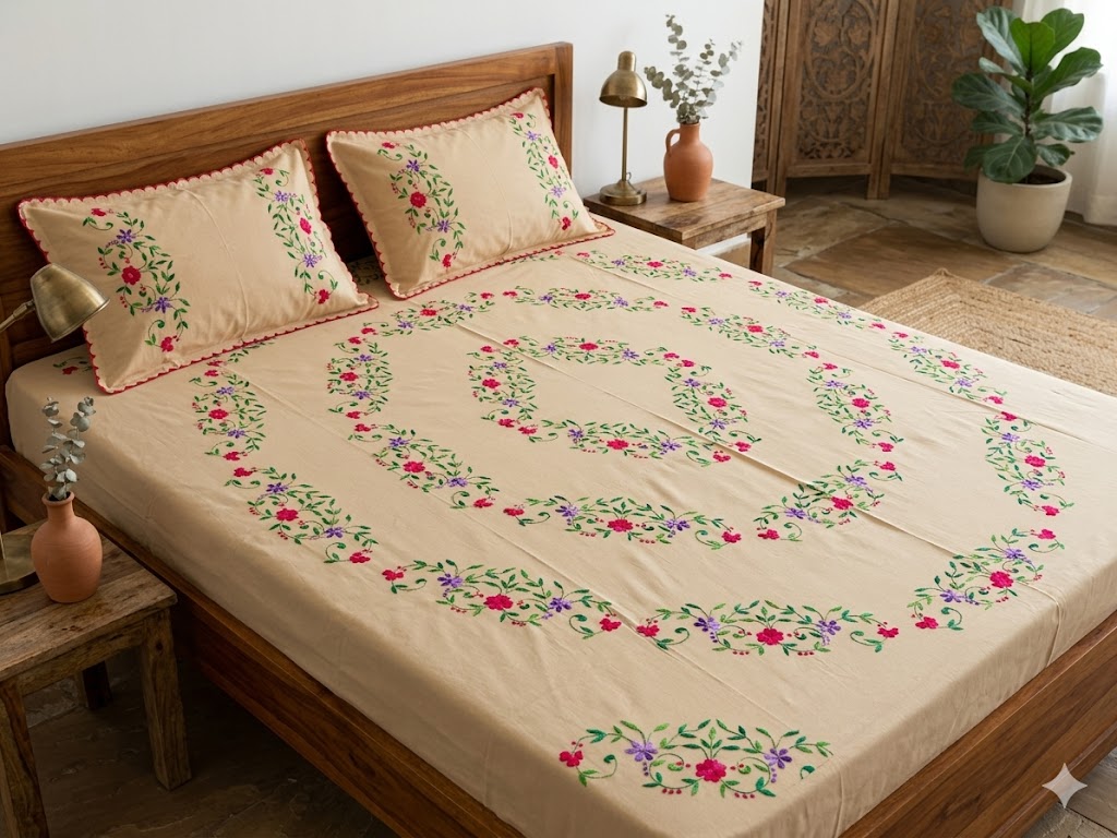 Chikonwala's Hand Embroidered Floral Design Bedsheet