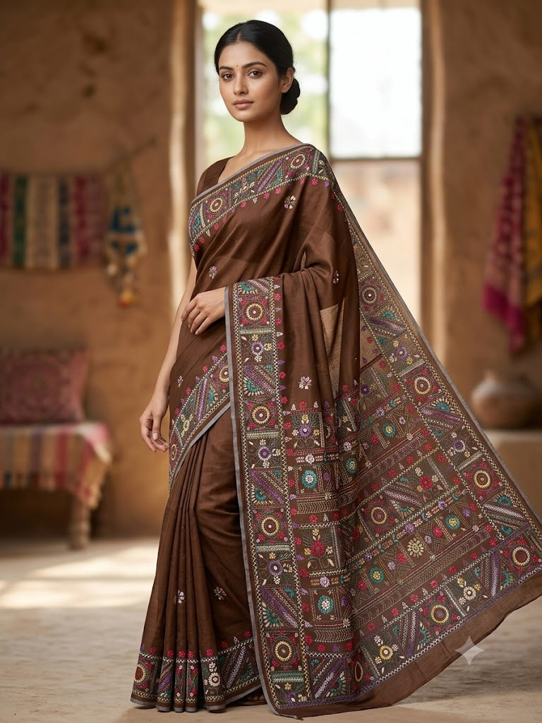 Premium Handcrafted Bullion Stitch Work Chanderi Saree with Blouse Piece