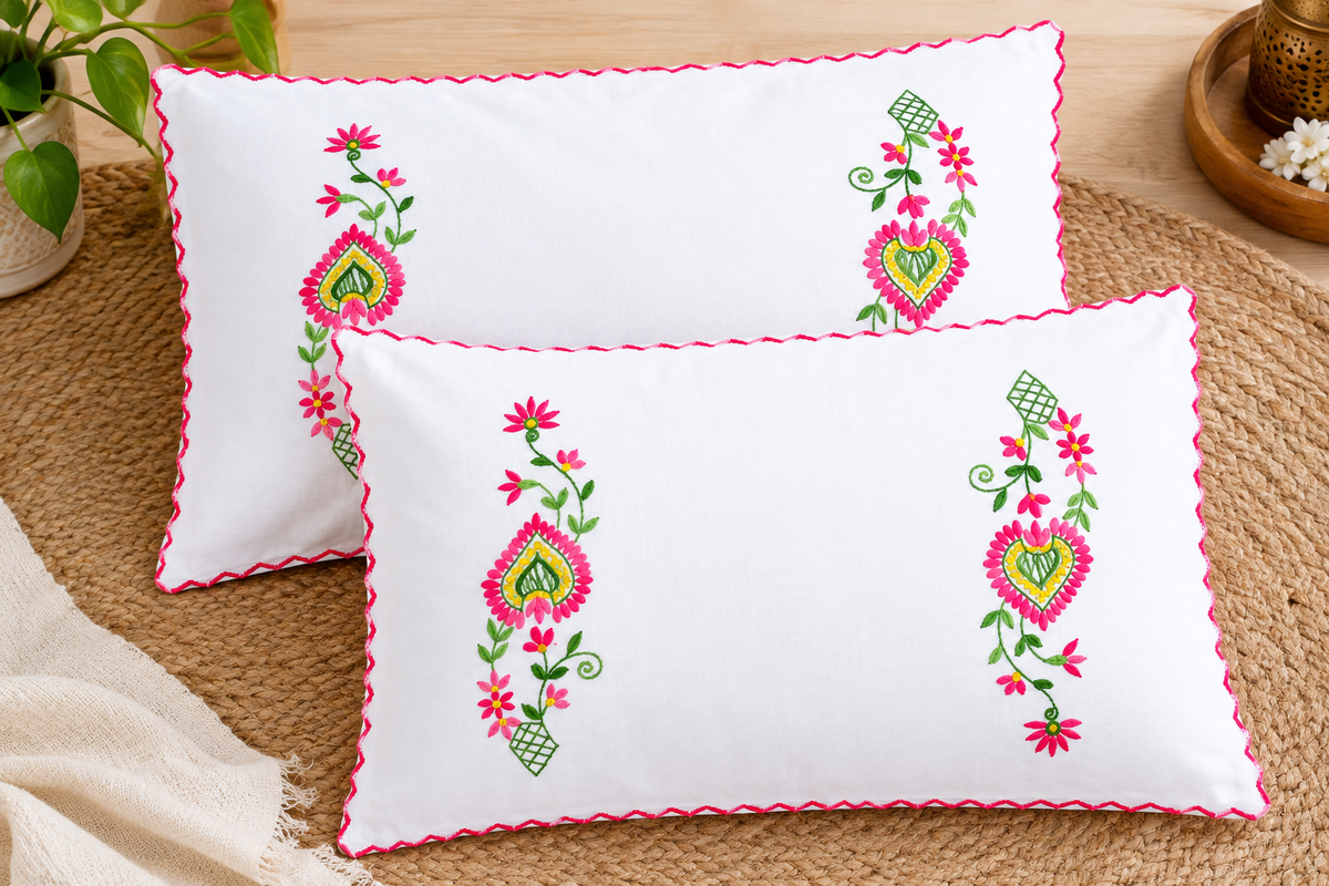 Chikonwala Hand-Embroidered Floral Pillow Cover Set– Set of 2