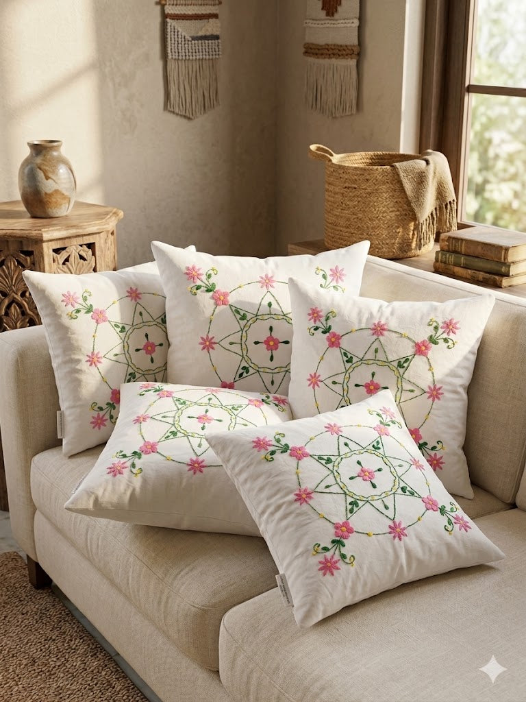 Hand Embroidered Cotton Cushion Covers (Set of 5)