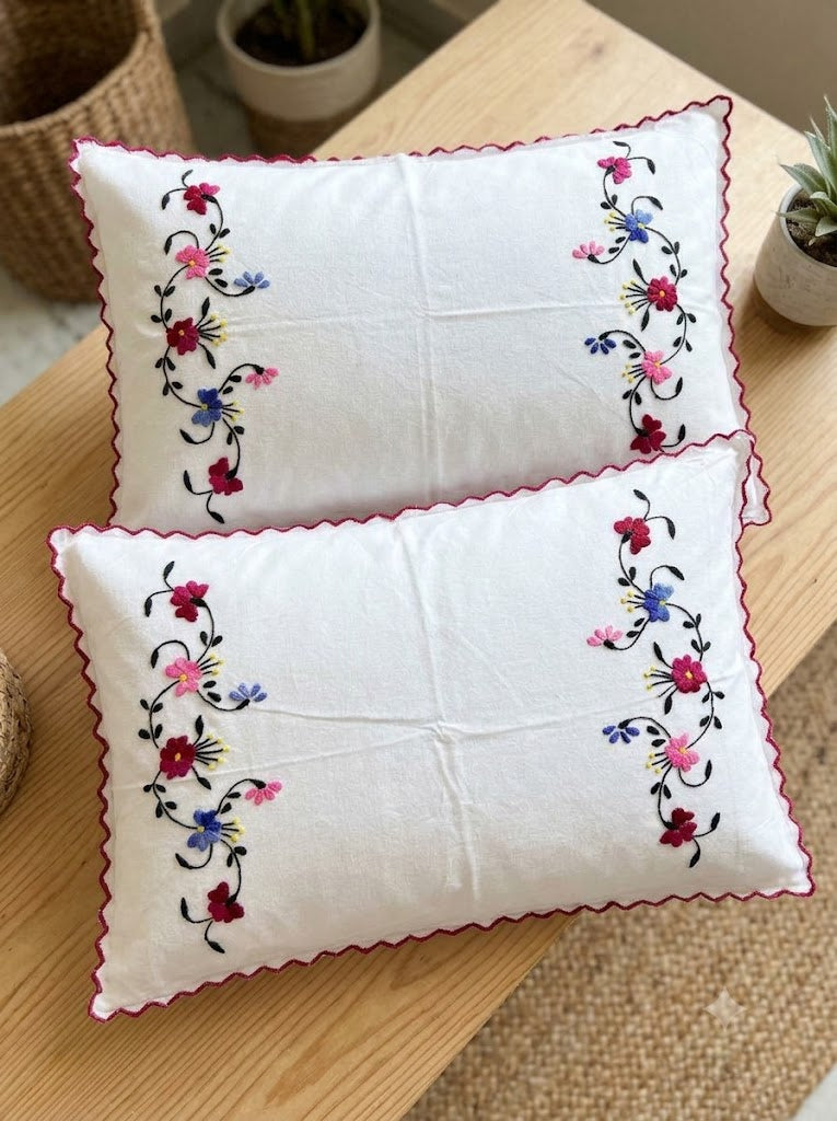 Chikonwala Hand-Embroidered Floral Pillow Cover Set– Set of 2