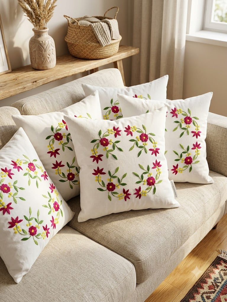 Hand Embroidered Cotton Cushion Covers (Set of 5)