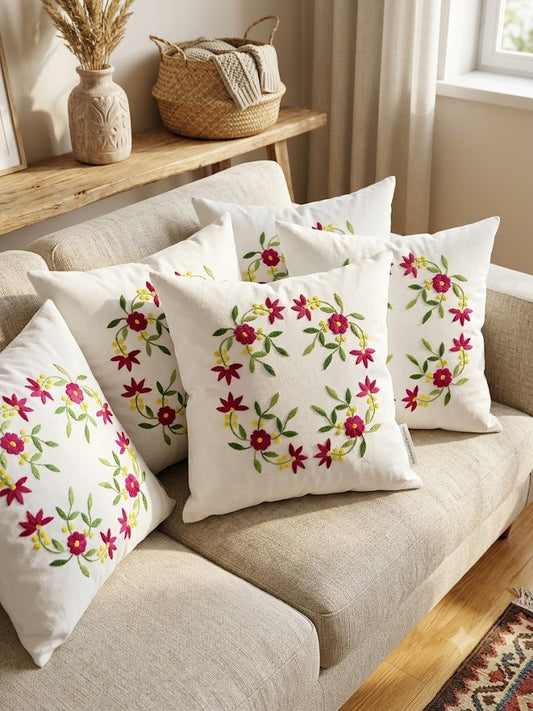 Hand Embroidered Cotton Cushion Covers (Set of 5)