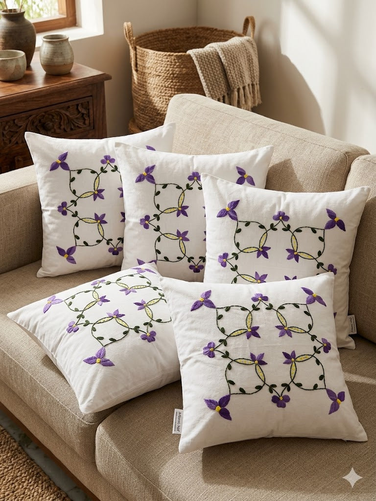 Hand Embroidered Cotton Cushion Covers (Set of 5)