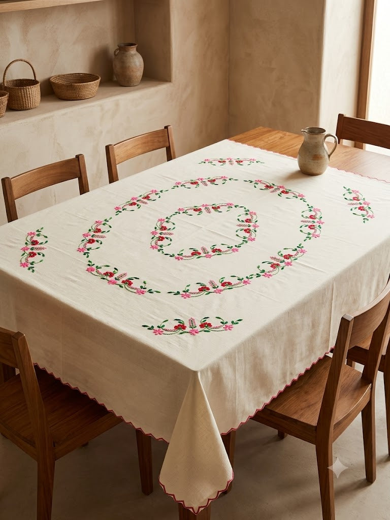 Hand Embroidered Floral Six Seater Table Cover