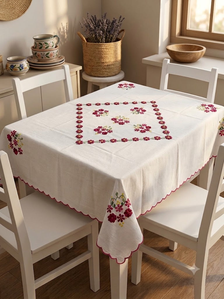 Hand Embroidered Four Seater Floral Table Cover