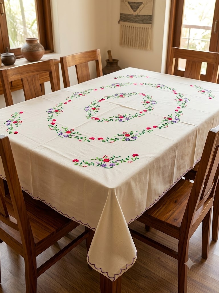 Hand Embroidered Floral Six Seater Table Cover