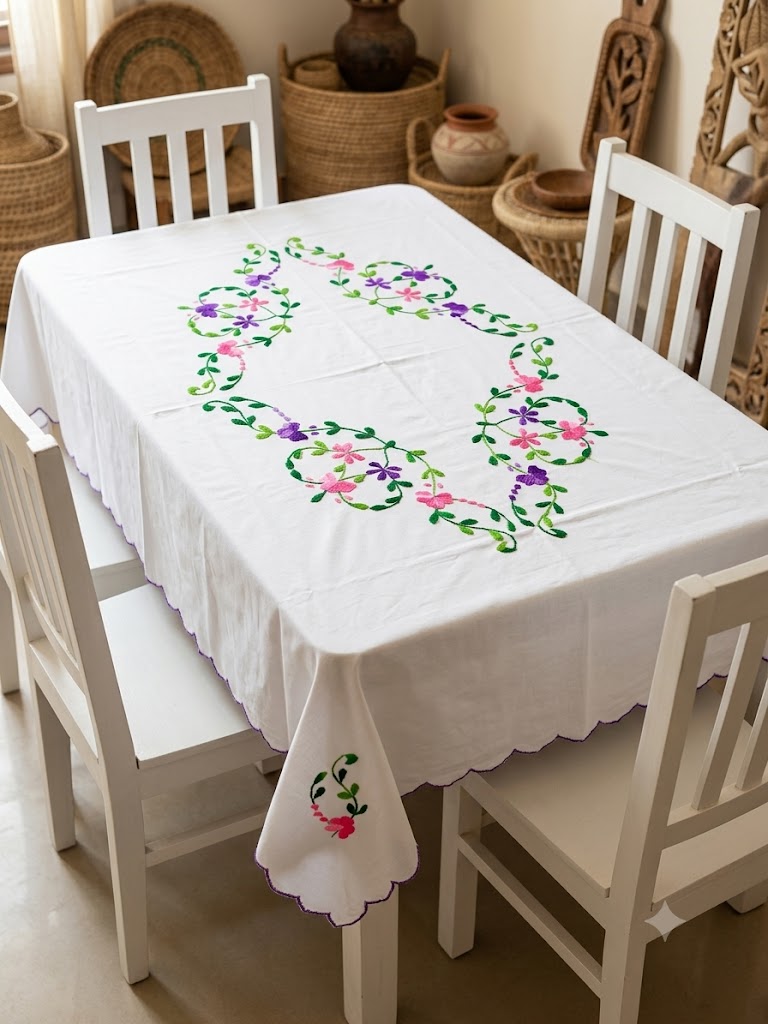 Hand Embroidered Four Seater Floral Table Cover
