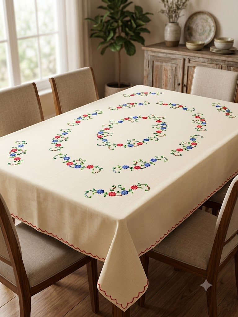 Hand Embroidered Floral Six Seater Table Cover
