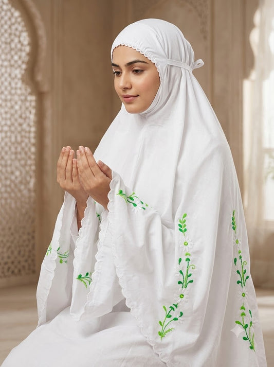 Chikonwala Hand Embroidered Cotton Islamic Namaz Hijab with Floral Embroidery