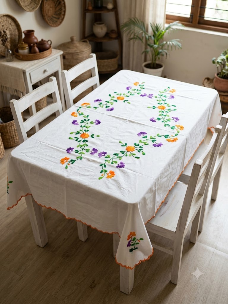 Hand Embroidered Four Seater Floral Table Cover