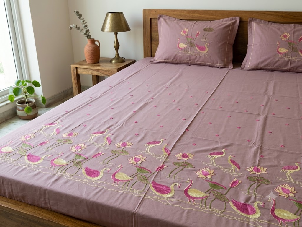 Premium Designer Embroidered Satin Cotton Bedsheet Set