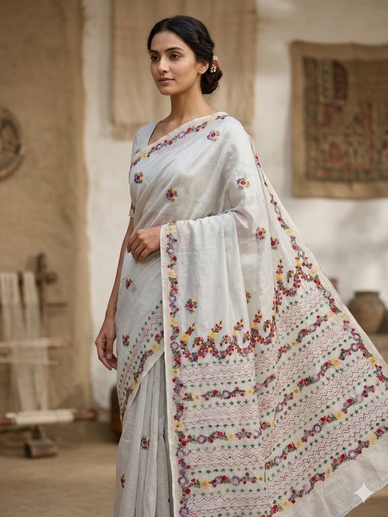 Premium Handcrafted Bullion Stitch Work Chanderi Saree with Blouse Piece