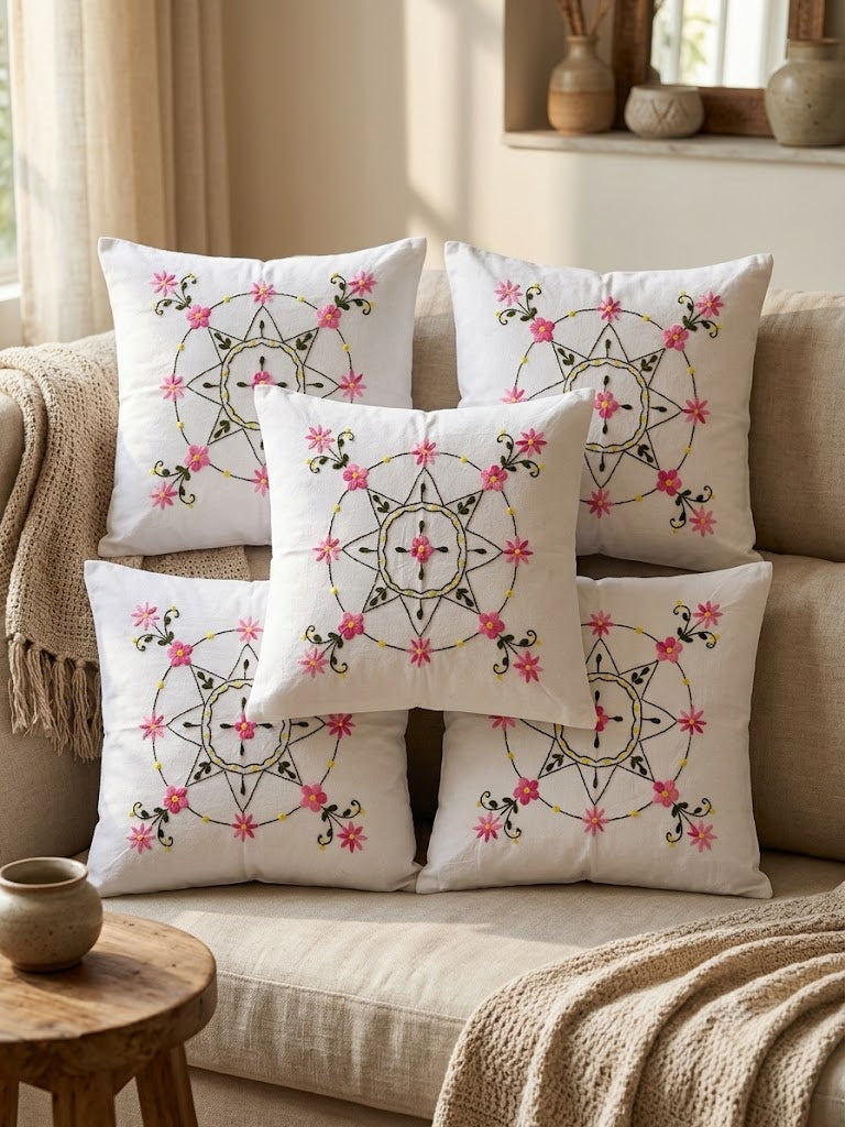 Hand Embroidered Cotton Cushion Covers (Set of 5)