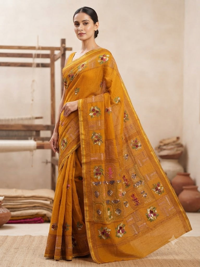 Premium Handcrafted Bullion Stitch Work Chanderi Saree with Blouse Piece