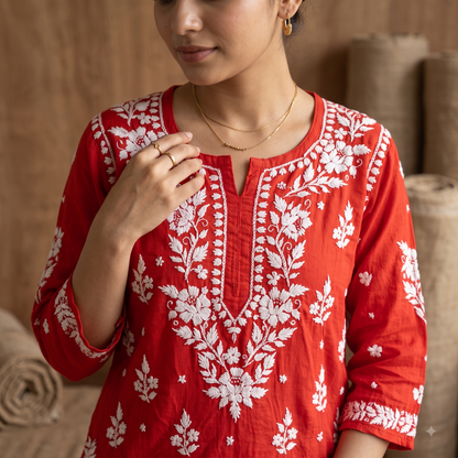 Hand Embroidered Chikankari Short Kurti – 3/4 Sleeve | Modal Fabric - Warm Orange