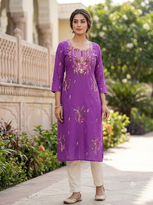 Hand Embroidered Pure Cotton Kurti Material | 3 Meter Premium Fabric | Made in India