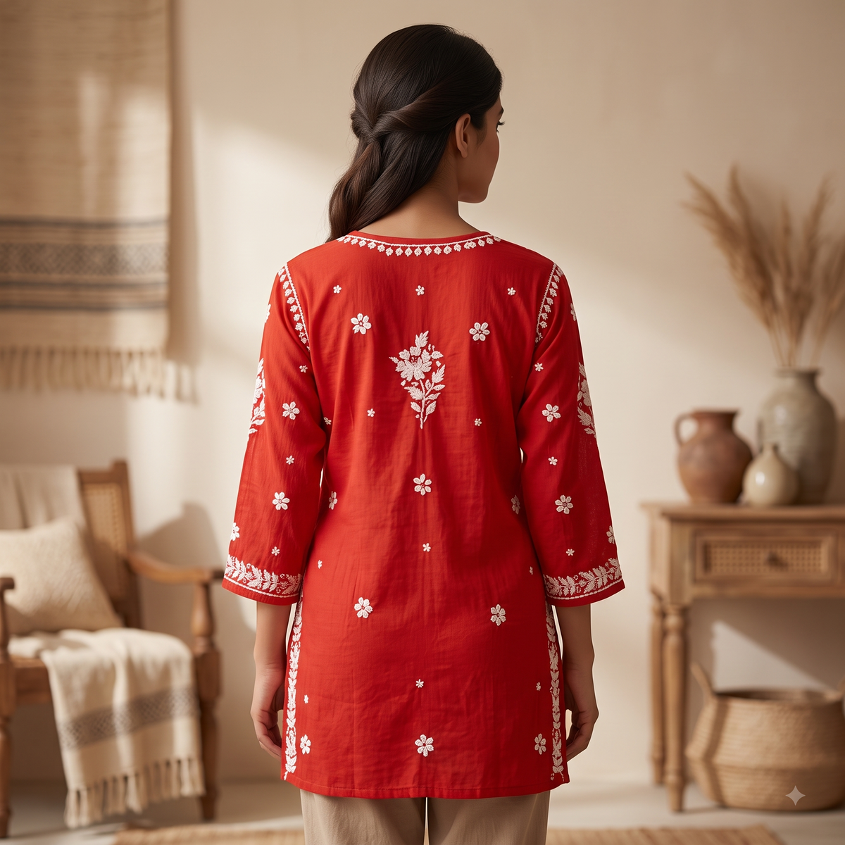 Hand Embroidered Chikankari Short Kurti – 3/4 Sleeve | Modal Fabric - Warm Orange