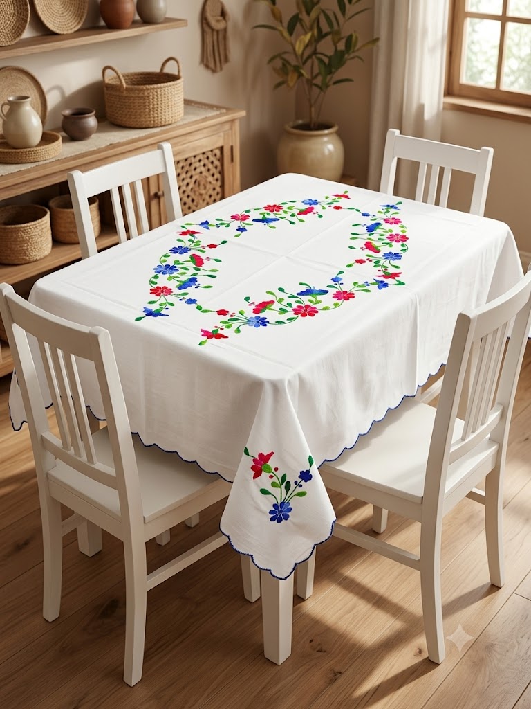 Hand Embroidered Four Seater Floral Table Cover