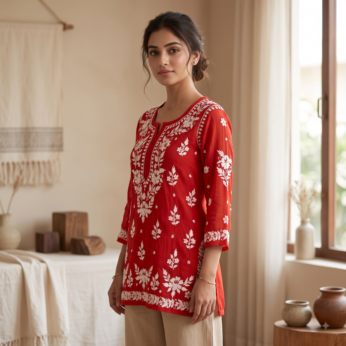 Hand Embroidered Chikankari Short Kurti – 3/4 Sleeve | Modal Fabric - Warm Orange
