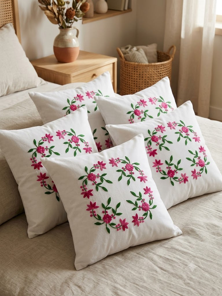 Hand Embroidered Cotton Cushion Covers (Set of 5)