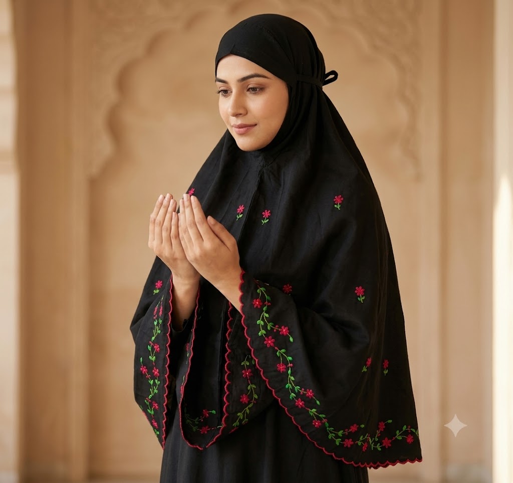 Chikonwala Hand Embroidered Cotton Islamic Namaz Hijab with Floral Embroidery