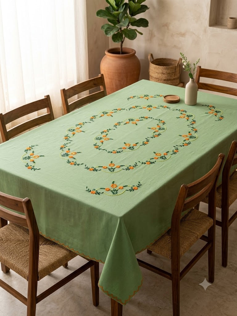 Hand Embroidered Floral Six Seater Table Cover