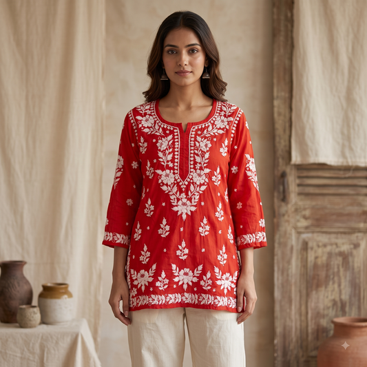 Hand Embroidered Chikankari Short Kurti – 3/4 Sleeve | Modal Fabric - Warm Orange