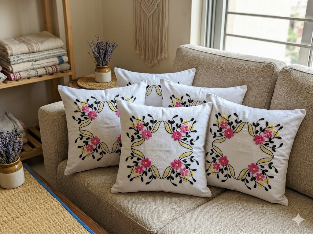 Hand Embroidered Cotton Cushion Covers (Set of 5)