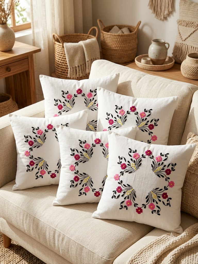 Hand Embroidered Cotton Cushion Covers (Set of 5)