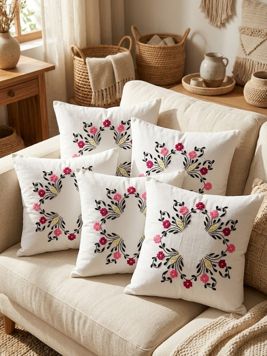 Hand Embroidered Cotton Cushion Covers (Set of 5)
