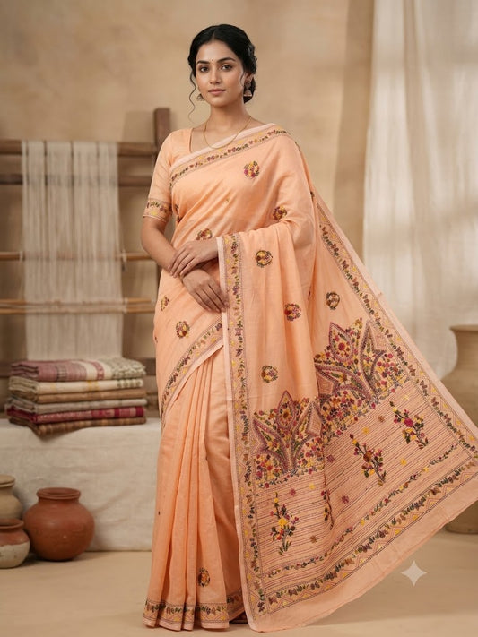 Premium Handcrafted Bullion Stitch Work Chanderi Saree with Blouse Piece