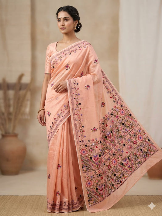 Premium Handcrafted Bullion Stitch Work Chanderi Saree with Blouse Piece