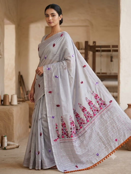 Premium Handcrafted Bullion Stitch Work Chanderi Saree with Blouse Piece