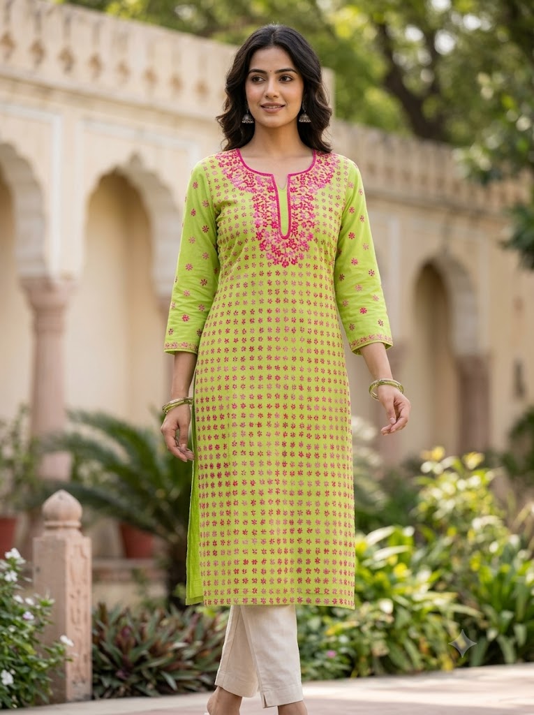 Hand Embroidered Pure Cotton Kurti Material | 3 Meter Premium Fabric | Made in India
