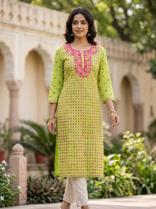 Hand Embroidered Pure Cotton Kurti Material | 3 Meter Premium Fabric | Made in India