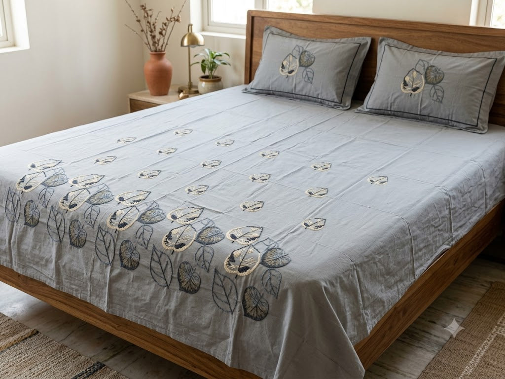 Premium Designer Embroidered Satin Cotton Bedsheet Set