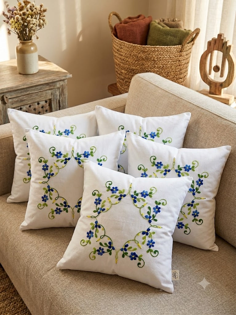 Hand Embroidered Cotton Cushion Covers (Set of 5)