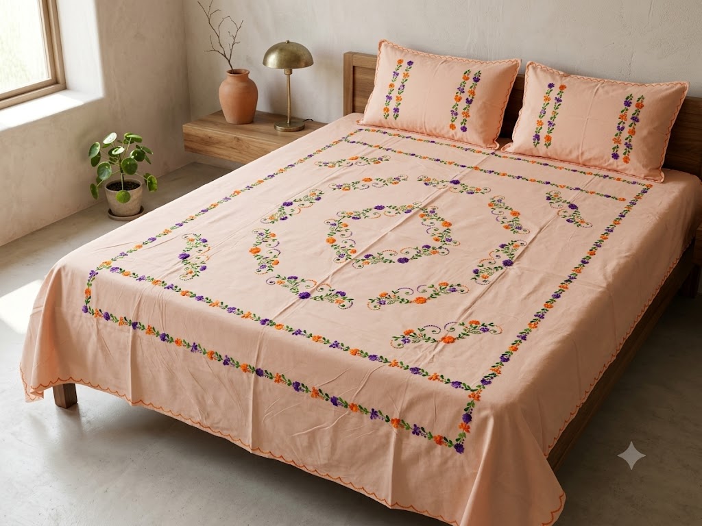 Chikonwala's Hand Embroidered Floral Design Bedsheet