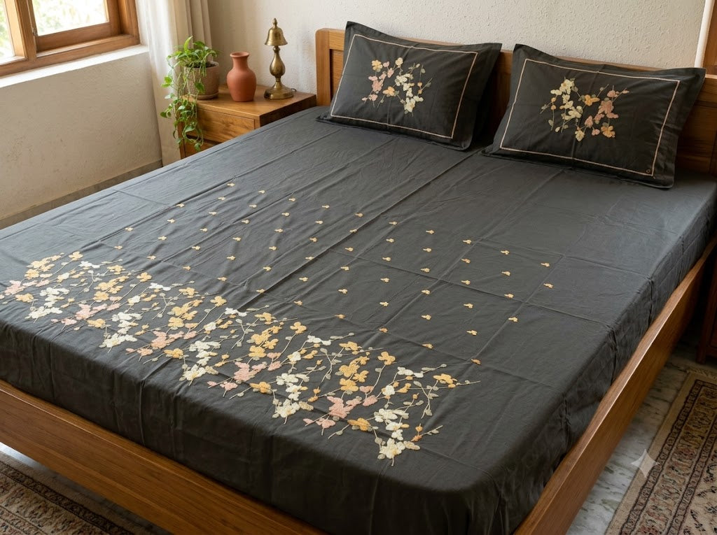 Premium Designer Embroidered Satin Cotton Bedsheet Set