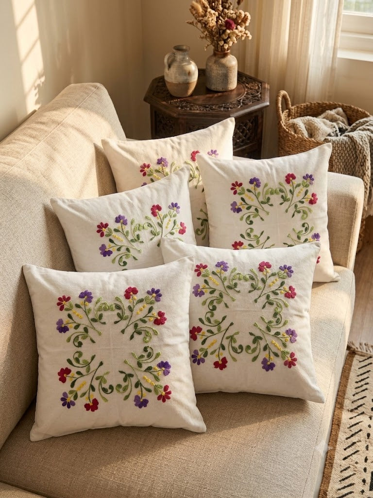 Hand Embroidered Cotton Cushion Covers (Set of 5)